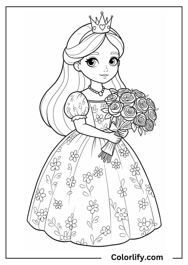 A coloring page of a lovely princess holding a beautiful bouquet of roses with detailed flowers and romantic elements.