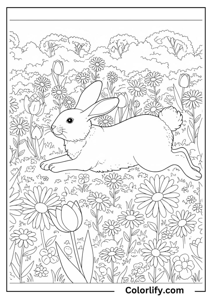 A coloring page of a curious bunny exploring a vibrant meadow filled with wildflowers and blooming plants in nature.