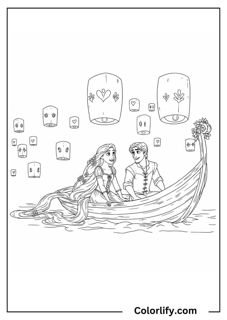 A coloring page of Rapunzel and Flynn sharing an intimate boat ride surrounded by floating lanterns in the night sky.