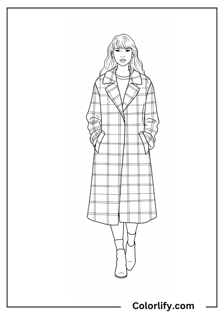A coloring page of Taylor Swift wearing a long, elegant coat reminiscent of her folklore and evermore album aesthetic and style.
