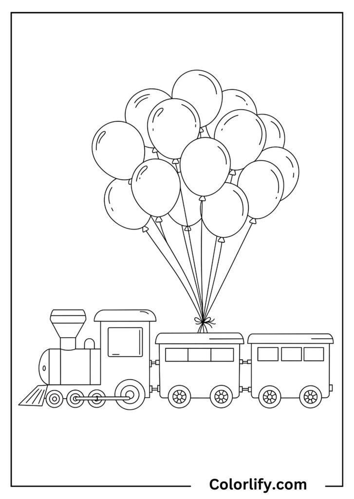 A coloring page of a train carrying a bunch of colorful party balloons.