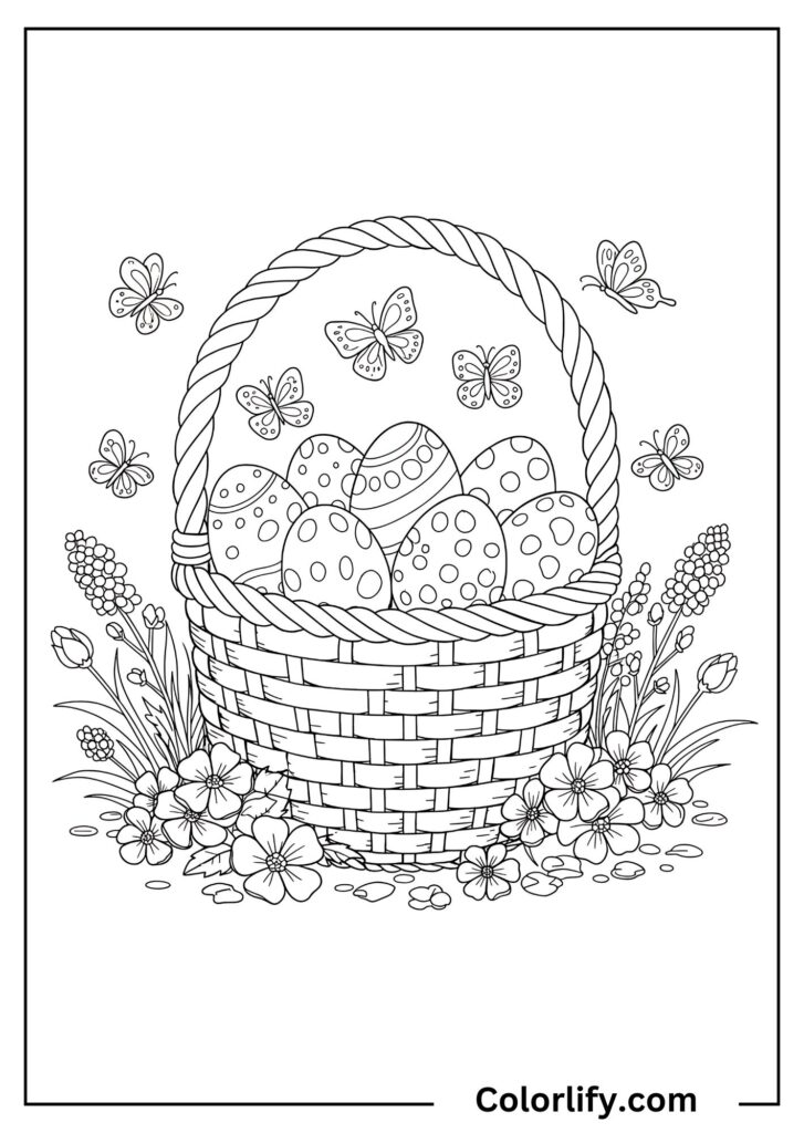 A coloring page of a wicker Easter basket filled with decorated eggs and spring flowers.