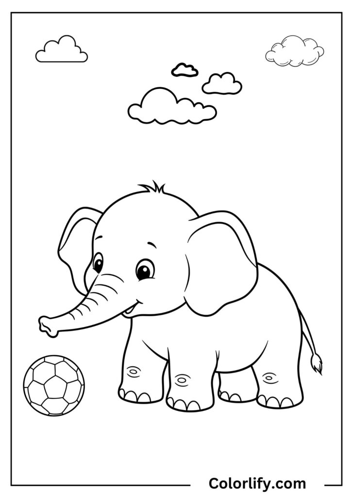 A coloring page of an elephant playing with a ball under a cloudy sky in an open field.