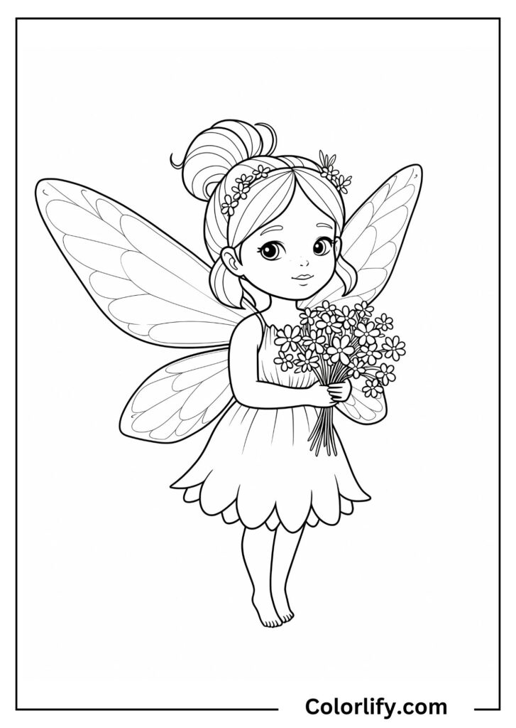 A coloring page of a fairy holding a bouquet of flowers with a gentle expression.
