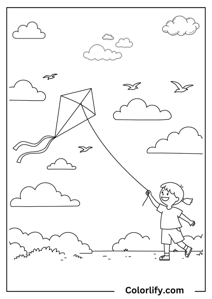 A coloring page of a child flying a colorful kite high in the sky on a windy day with clouds.