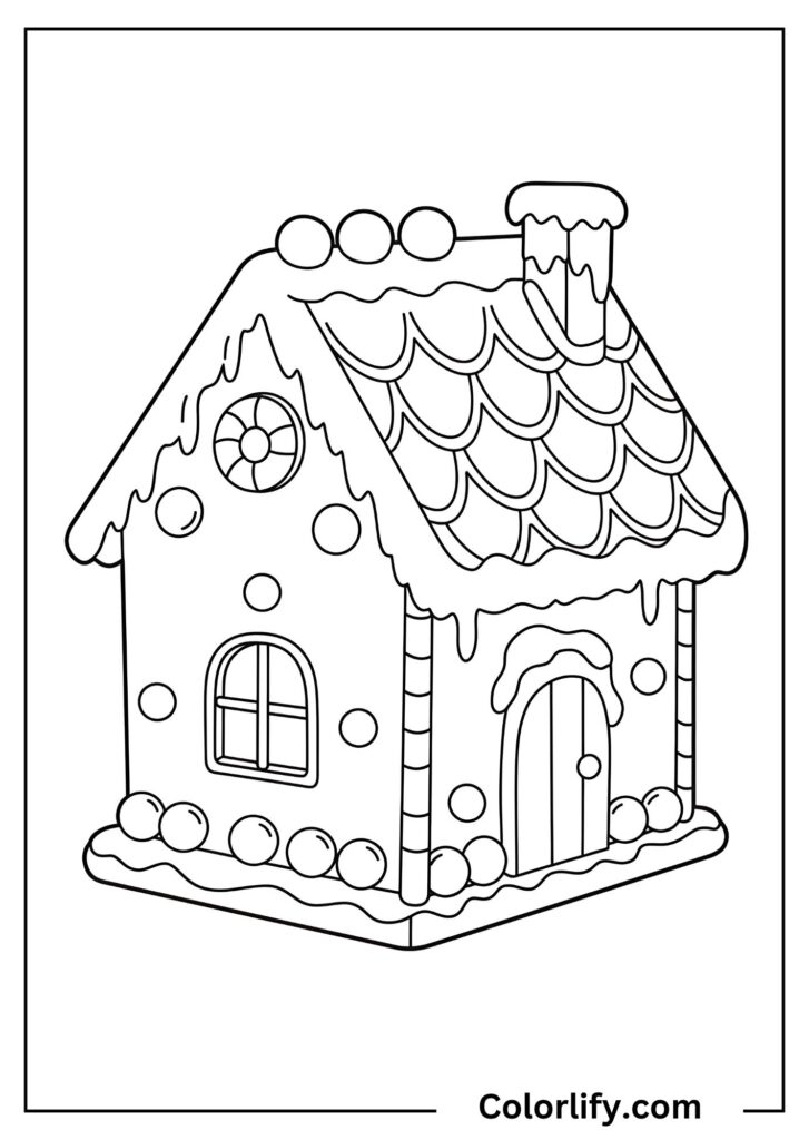 A coloring page of a sweet gingerbread house decorated with candy details, frosting accents, and edible architectural elements.
