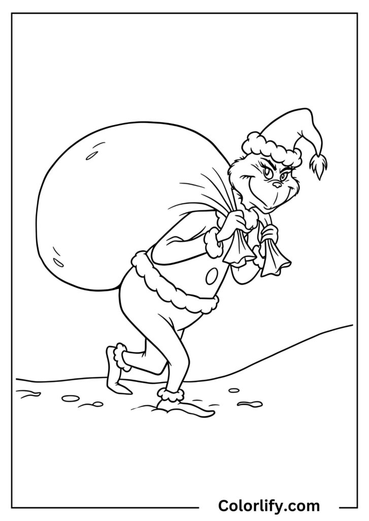 A coloring page of the Grinch carrying a large sack of stolen Christmas presents.