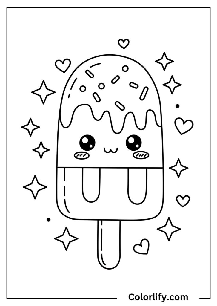 A coloring page of a kawaii popsicle with a sweet face surrounded by stars.
