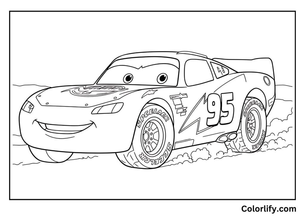A coloring page of Lightning McQueen equipped with winter tires for cold weather racing conditions.