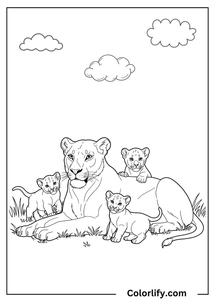 A coloring page of a devoted mother lioness with her playful cubs in tall grassland, showing nurturing family bonds.
