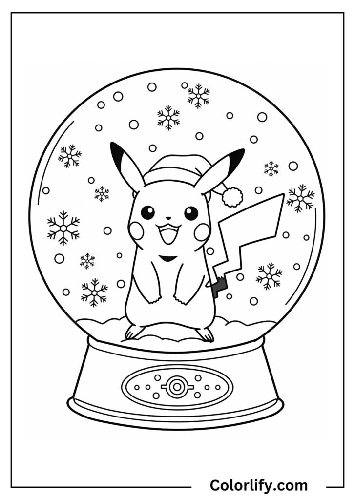 A coloring page of Pikachu inside a snow globe with snowflakes falling around it.