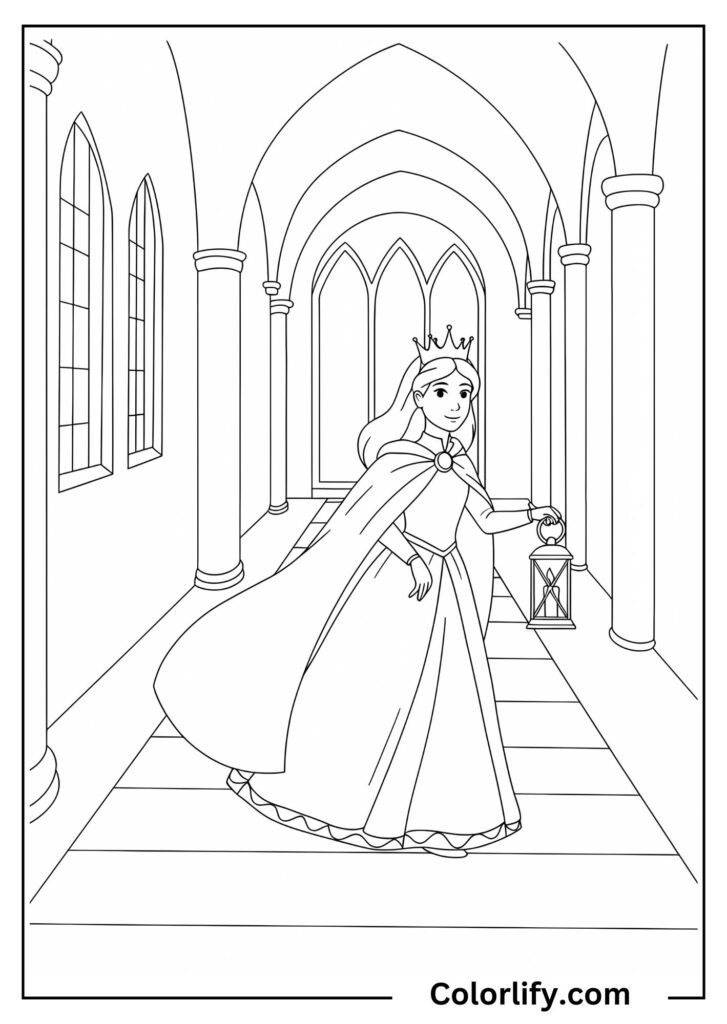 A coloring page of an adventurous princess exploring grand castle corridors with towering stone arches and medieval architecture.
