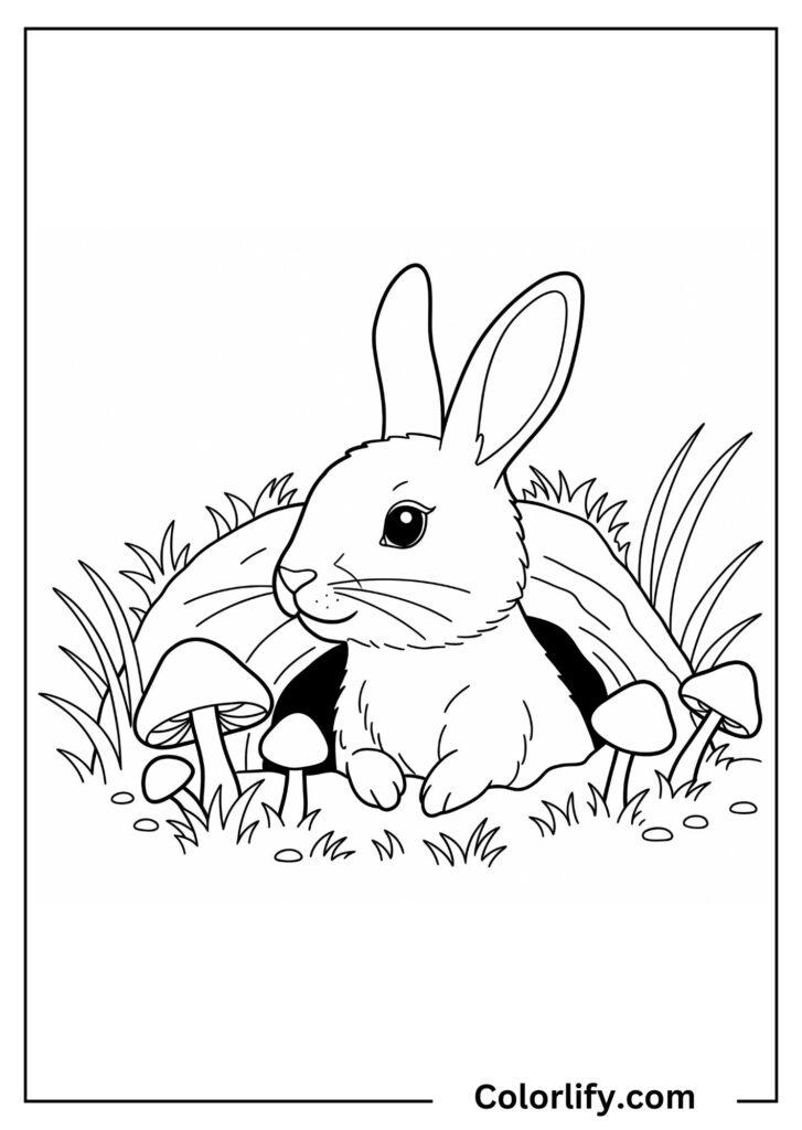 A coloring page of a cautious rabbit peeking out from its underground burrow entrance surrounded by grass and flowers.
