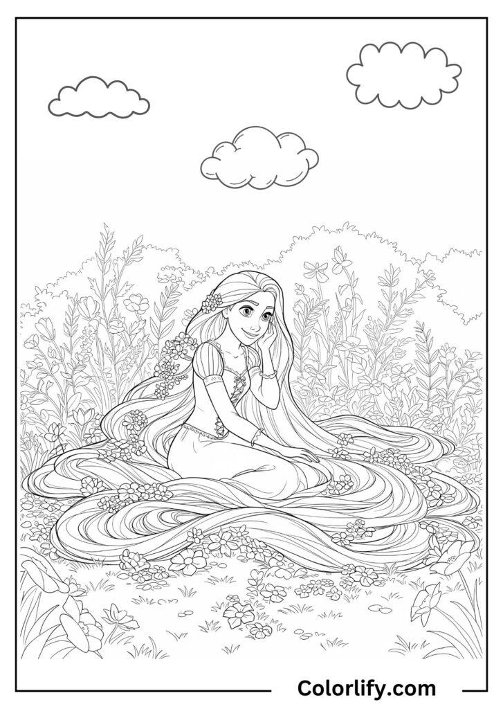 A coloring page of Rapunzel in a beautiful garden setting with flowers and clouds, enjoying a peaceful moment in nature.