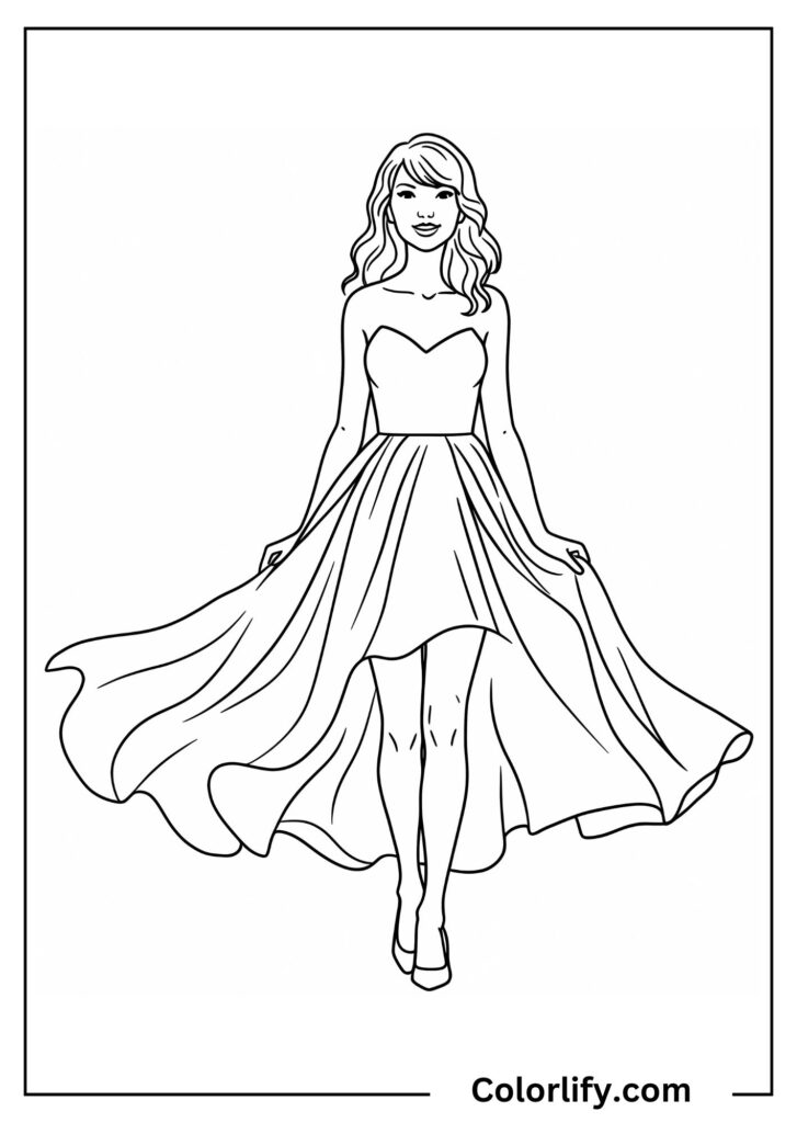 A coloring page of Taylor Swift wearing a beautiful flowing dress, captured in a graceful and elegant pose showing timeless beauty.