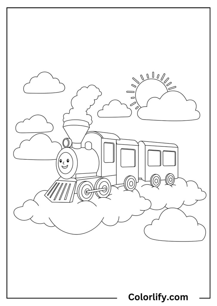 A coloring page of a train traveling through a cloudy sky with sunshine.