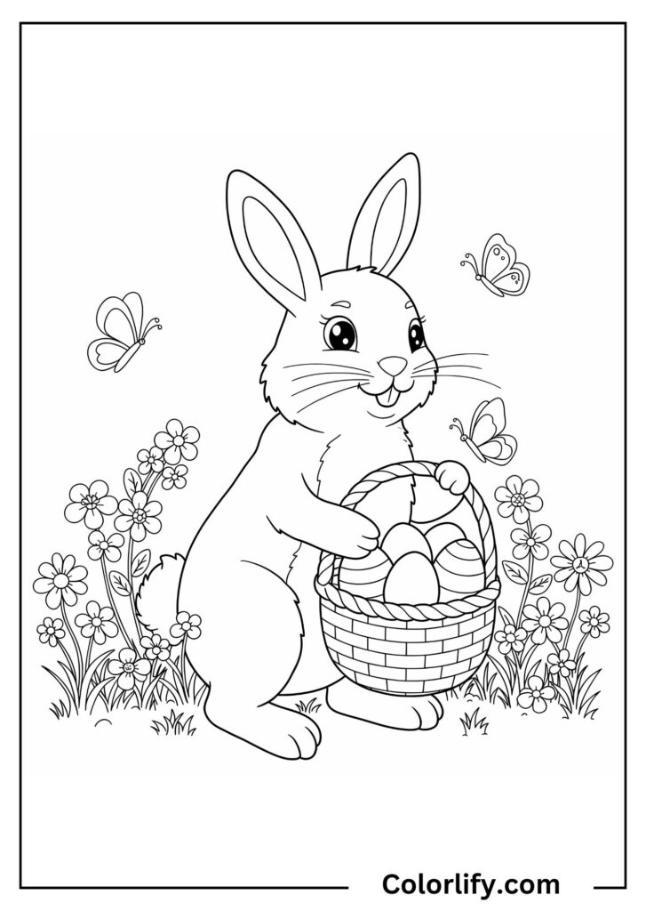 A coloring page of an Easter bunny carrying a basket of eggs surrounded by flowers and butterflies.