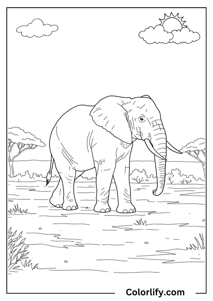 A coloring page of a family of elephants walking together across the savanna landscape.