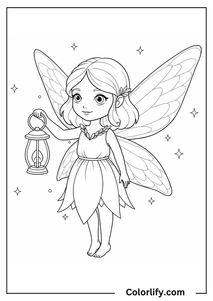 A coloring page of a fairy carrying a lantern while flying or standing.