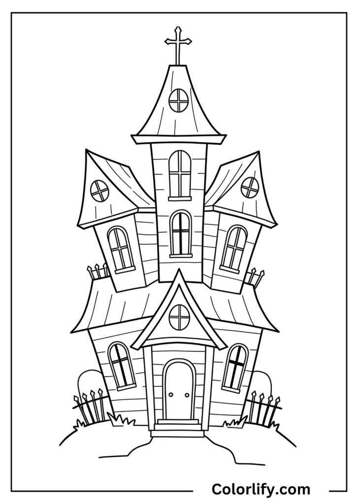 A coloring page of a spooky haunted mansion featuring multiple pointed roofs and eerie architectural details with mysterious atmosphere.