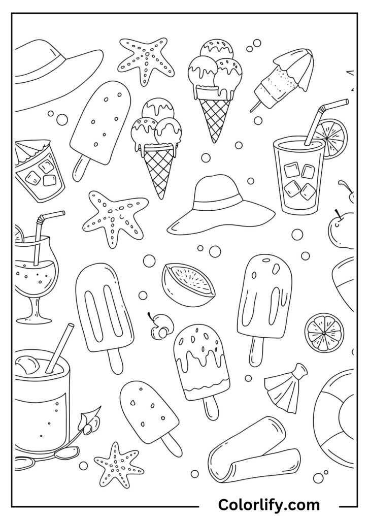 A coloring page of various ice cream treats including cones, popsicles, and sundaes representing summer frozen desserts.
