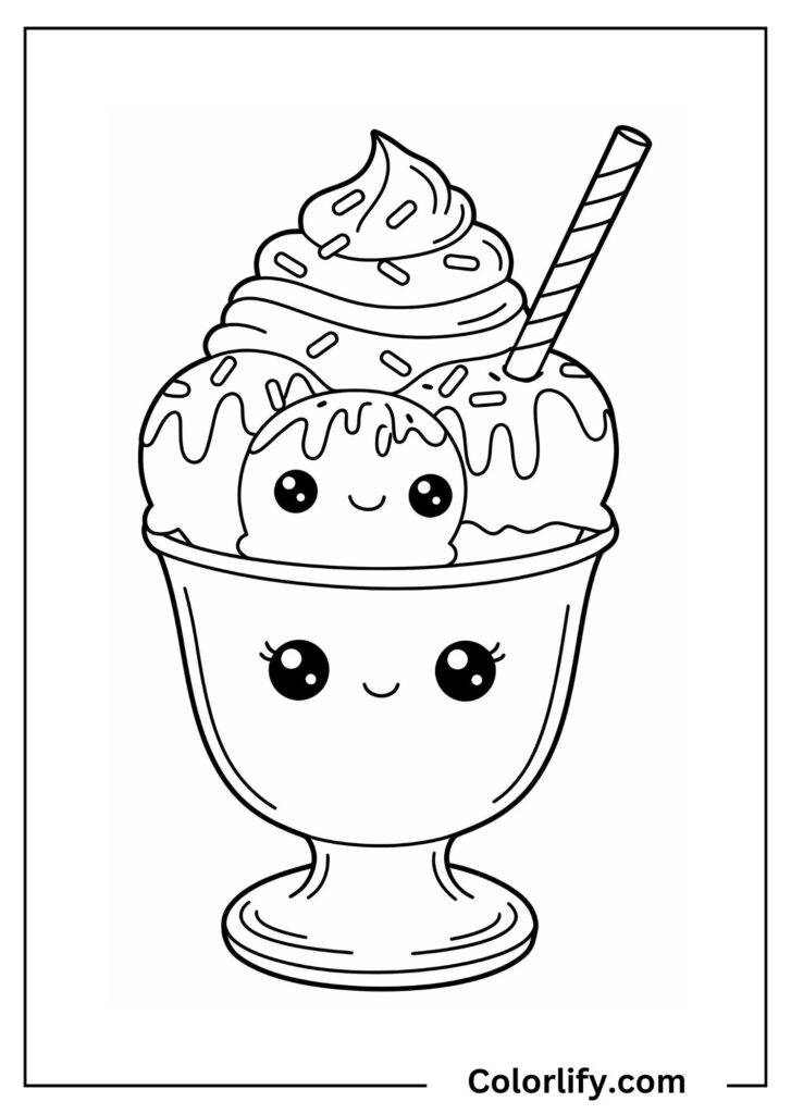 A coloring page of an ice cream sundae with kawaii eyes served in a glass bowl.