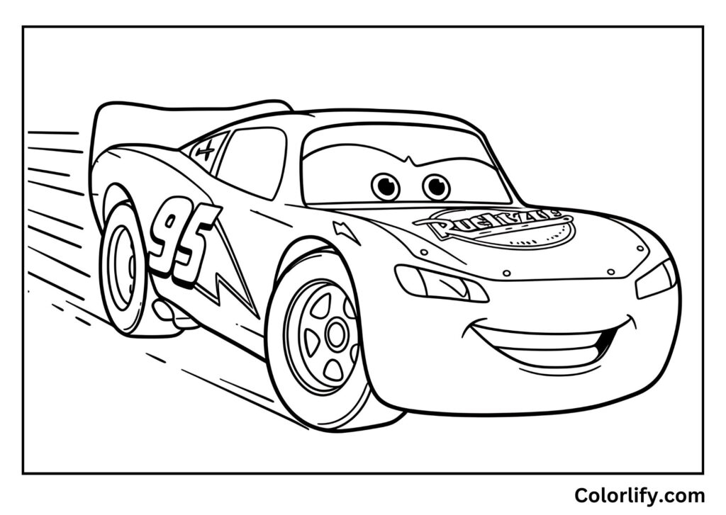 A coloring page of Lightning McQueen speeding on a professional racing track with focused expression.