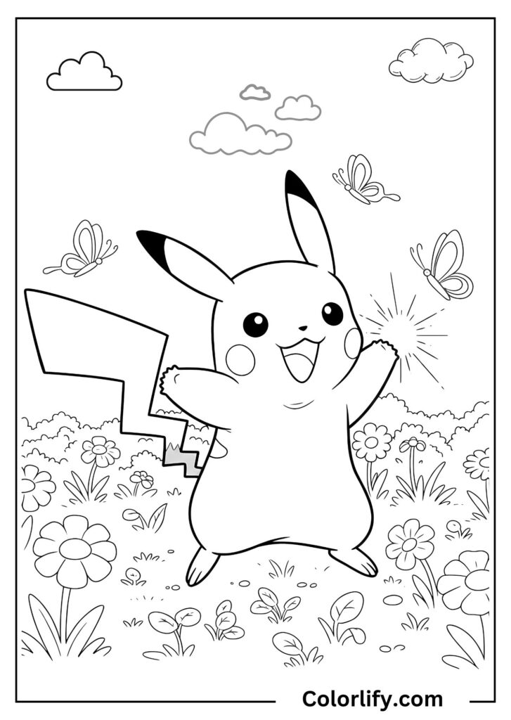 A coloring page of Pikachu running through a grassy field with clouds overhead.