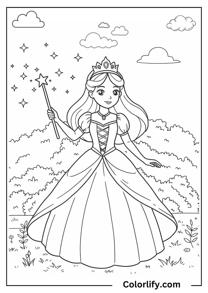 A coloring page of a magical princess holding an enchanted wand toward the sky surrounded by sparkling stars and mystical elements.