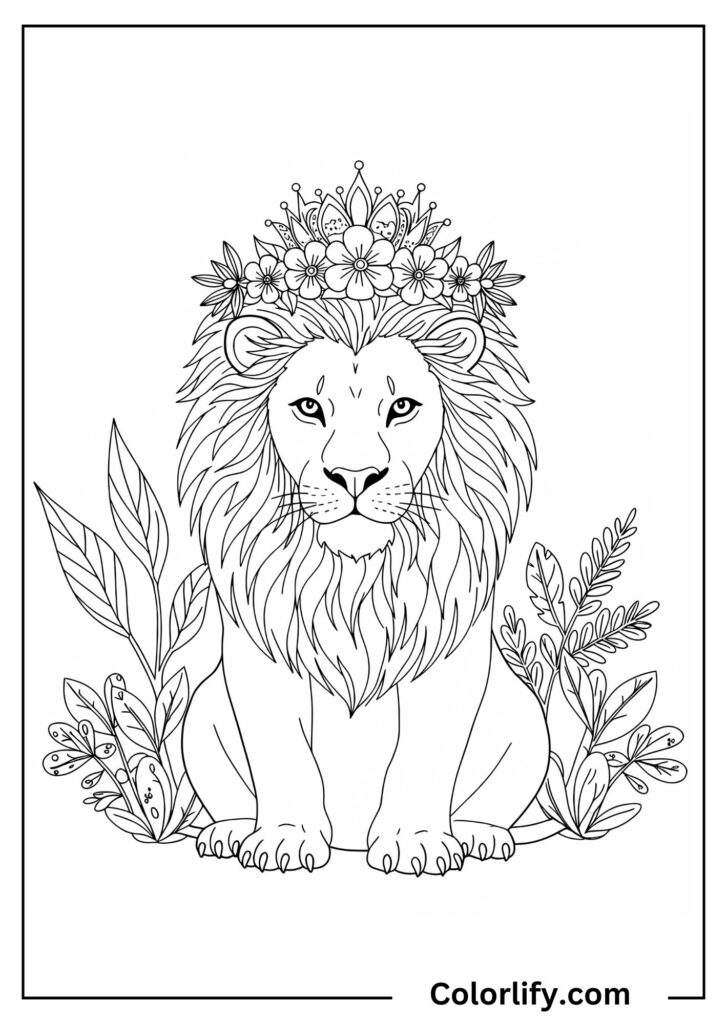 A coloring page of a noble lion wearing a decorative crown of flowers, combining natural majesty with whimsical artistic charm.