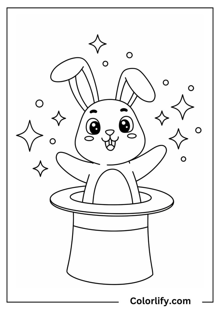 A coloring page of a surprised bunny emerging from a magician's top hat with sparkling stars and magical elements around it.
