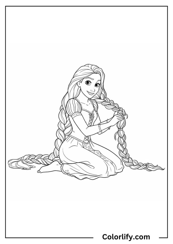 A coloring page of Rapunzel sitting gracefully with her long hair styled in braids, showcasing her famous golden locks.