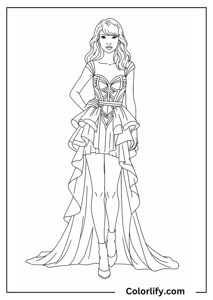 A coloring page of Taylor Swift wearing a stunning red dress, representing her iconic "Red" album era with bold styling and confidence.