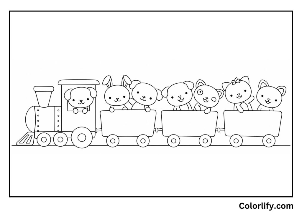 A coloring page of a train filled with adorable animal passengers in each car.